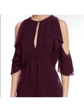 Theory Desiraya Plum Purple Ruffle Cold Shoulder Keyhole Top Blouse